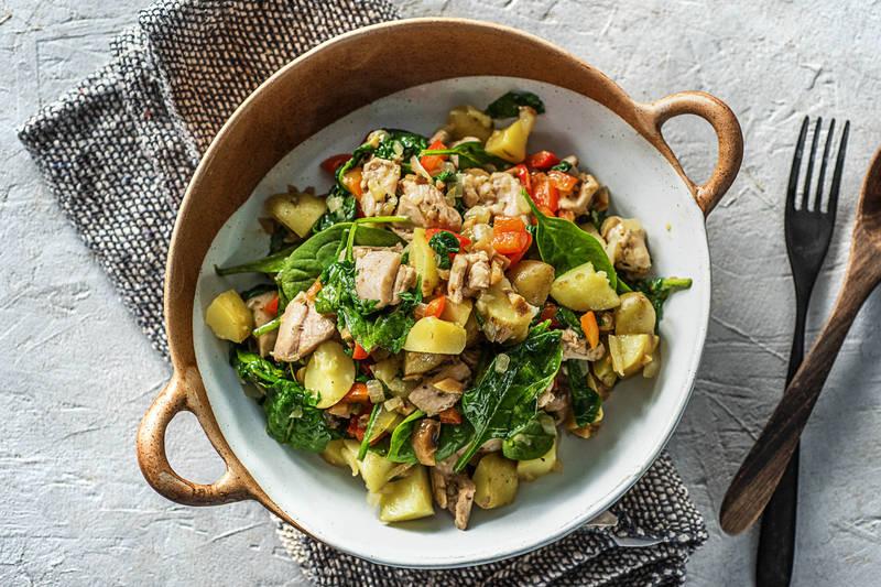 Dés de cuisse de poulet et pesto aux champignons des bois