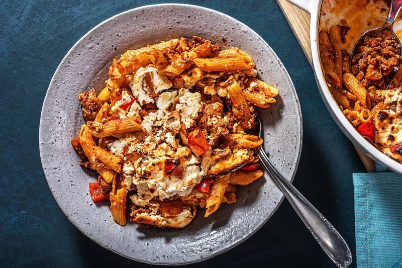 Gratin à la grecque au bœuf haché et aux penne