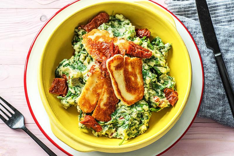 Halloumi et purée aux topinambours et aux épinards