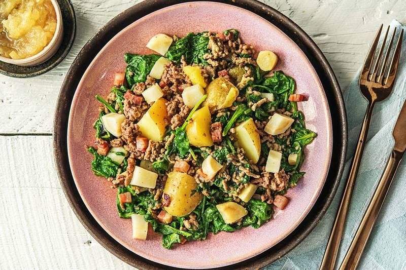 Potée aux épinards, au bœuf haché et au persil tubéreux
