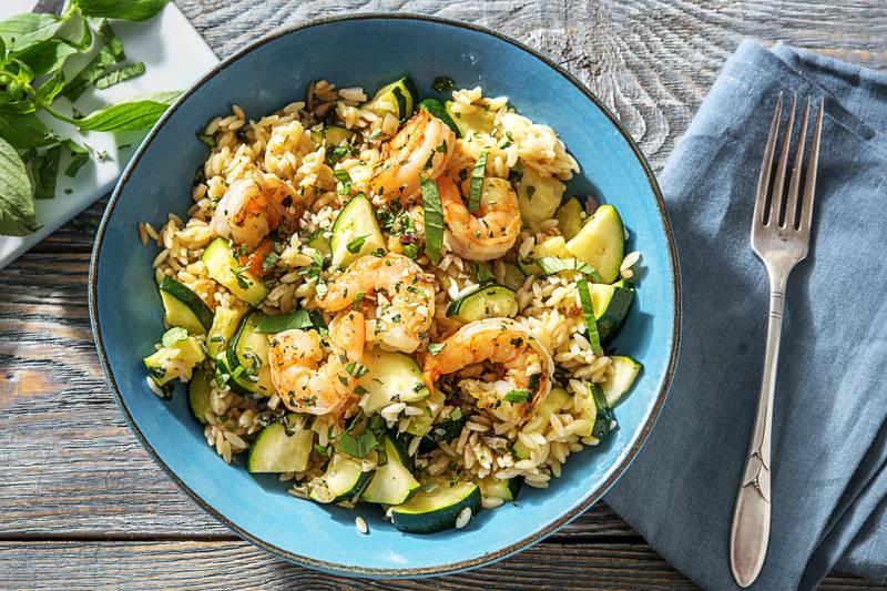 Orzo aux crevettes à l’ail et aux tomates cerises