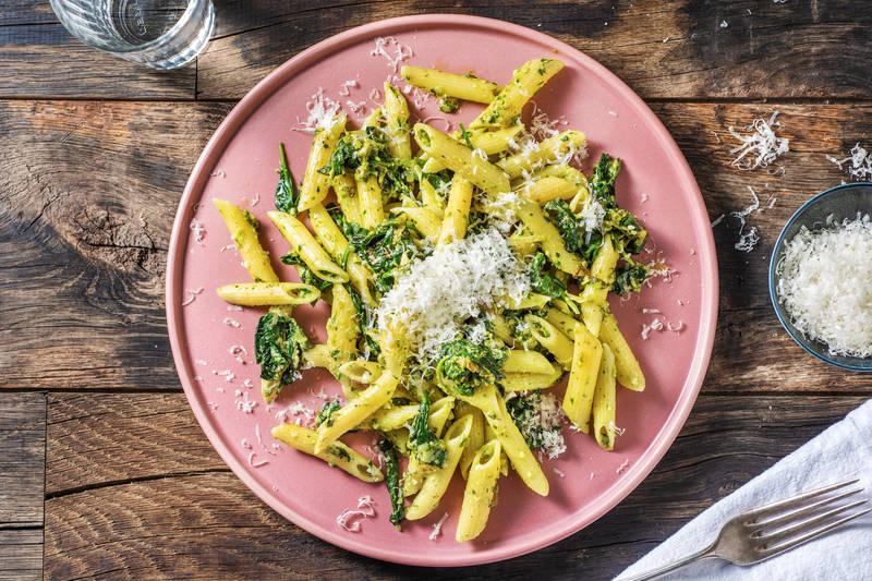 Penne et sauce pesto aux épinards