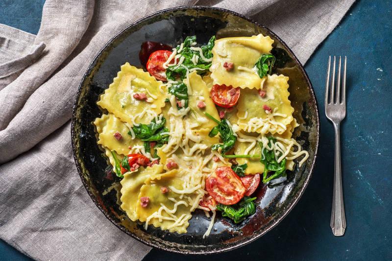 Ravioli sauce à la crème et aux épinards