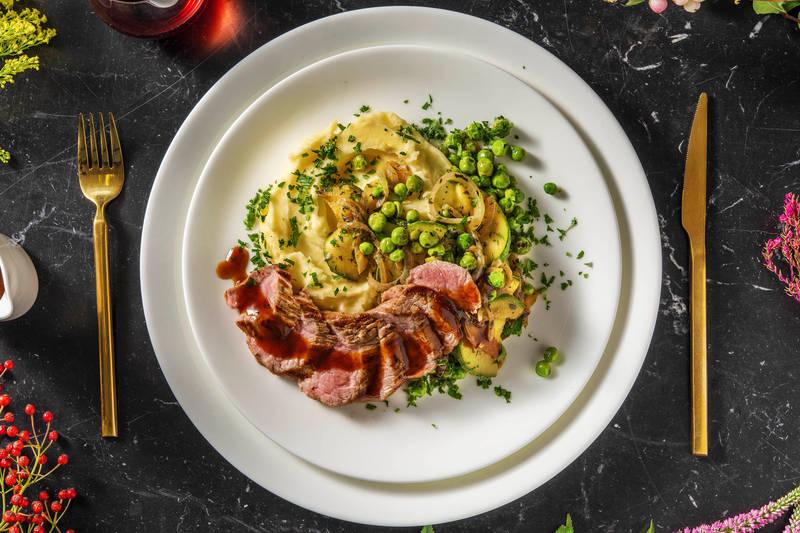 Paleron de veau, courgette ronde et petits pois