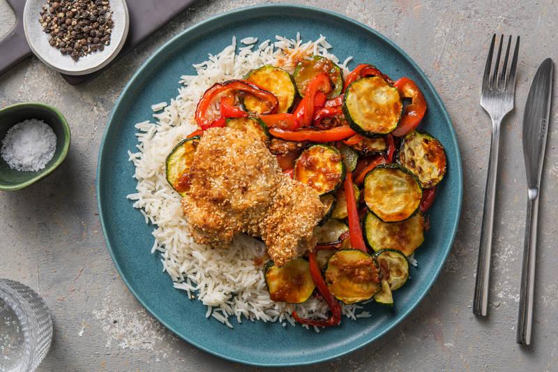 Poulet en croûte de sésame et légumes rôtis