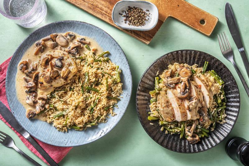 Filet de poulet épicé, sauce aux champignons et à la crème