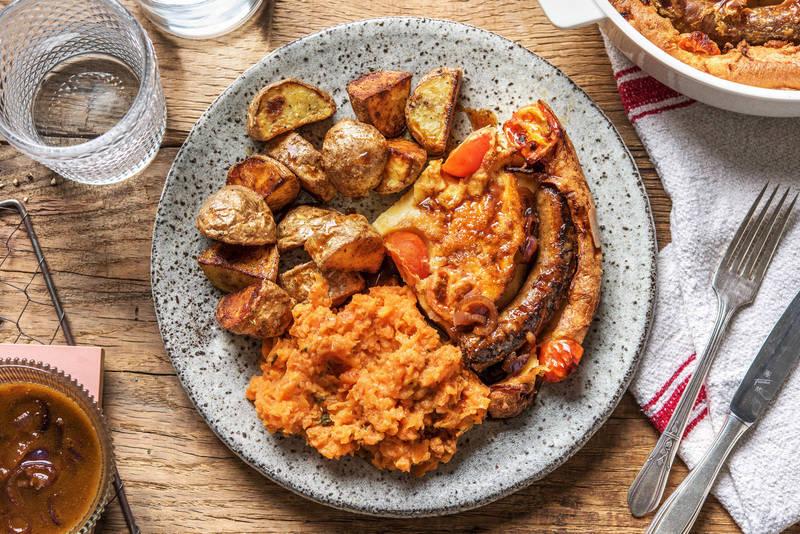 Saucisse de sanglier et de bœuf, Yorkshire pudding et jus de viande