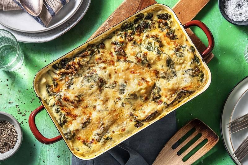 Lasagne aux épinards, aubergine & tomme