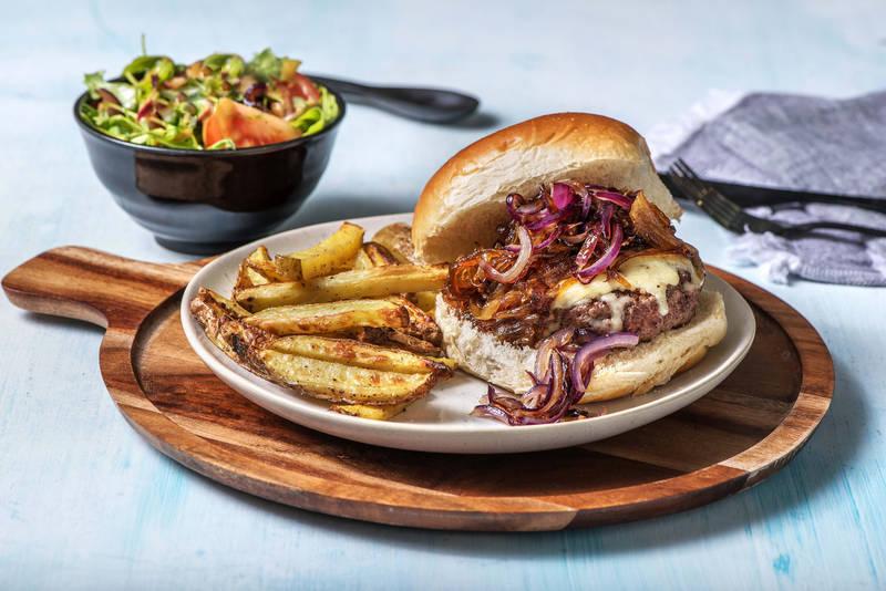 Burger de bœuf, emmental & oignons confits
