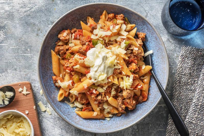 Penne & bœuf haché aux saveurs mexicaines