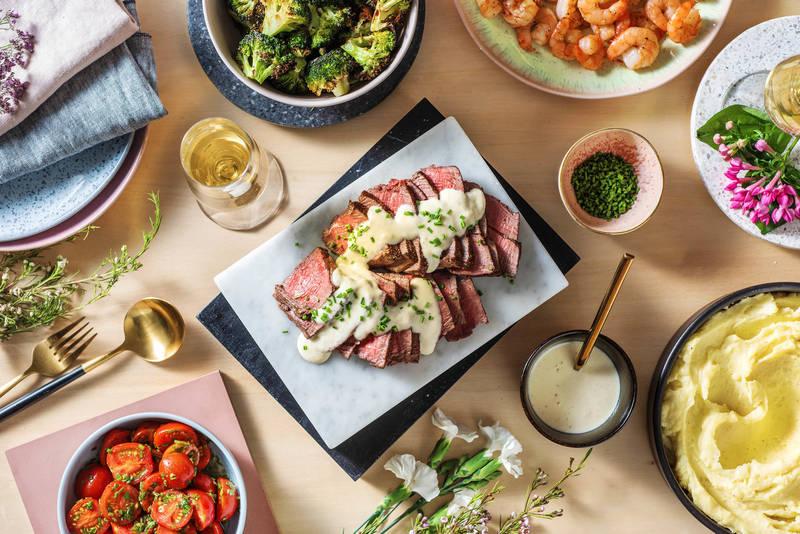 Terre et mer : crevettes, steak & purée