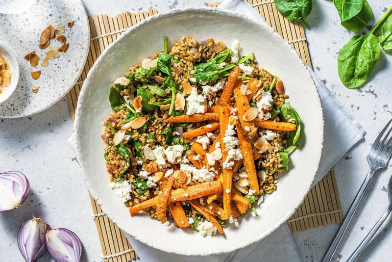 Freekeh épicé à l'orientale, carottes & épinards