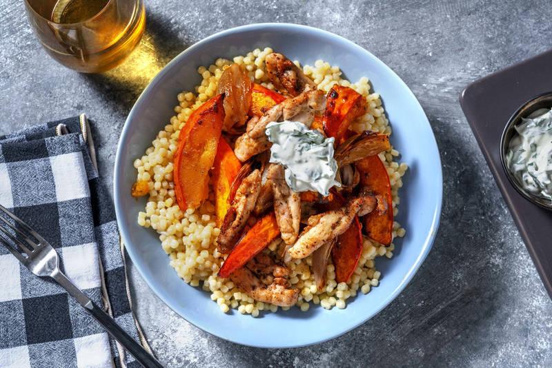 Potimarron rôti & poulet mariné aux épices