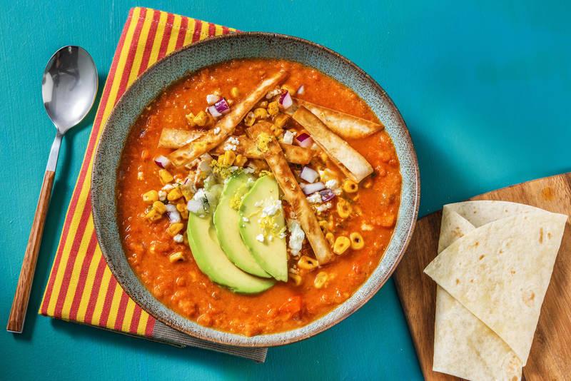 Soupe aztèque, maïs grillé & avocat