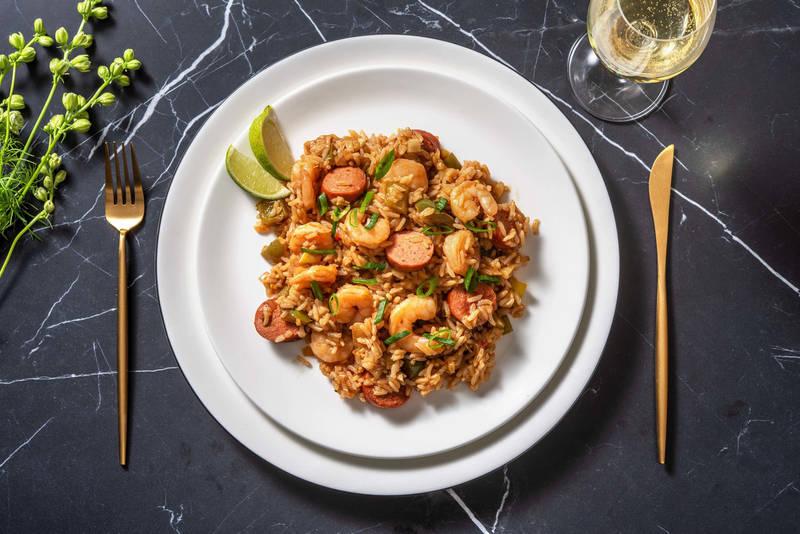 Jambalaya cajun aux crevettes & à la saucisse