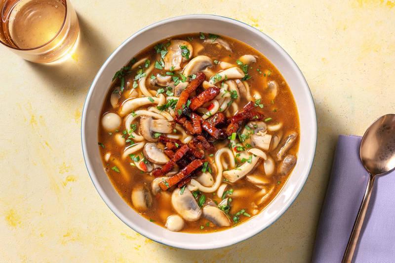 Nouilles udon au lard et champignons
