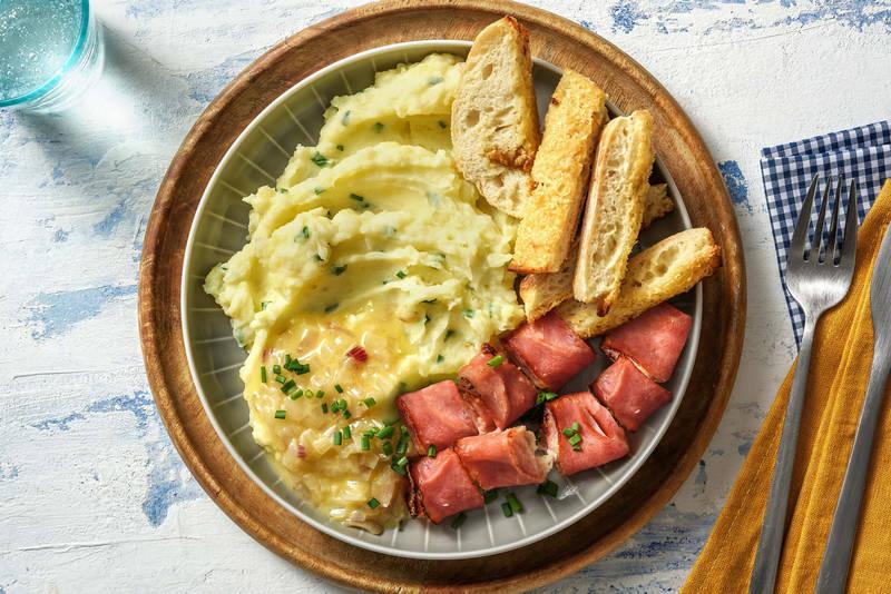 Purée beurre échalote & roulés jambon fromage