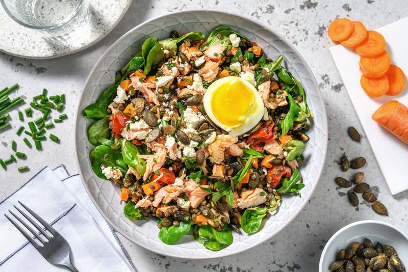 Salade de lentilles, saumon fumé et roquette