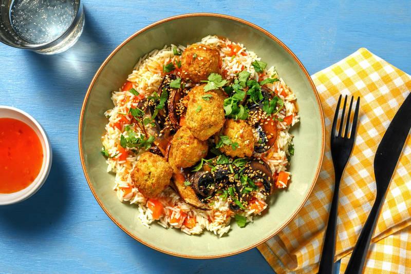 Boulettes veggie thaï, riz & sauce chili