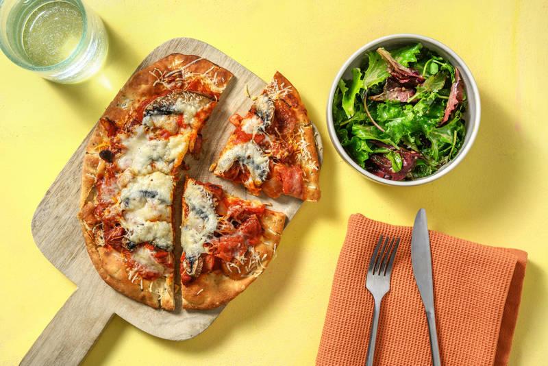 Pizza sur pain naan au chorizo & portobello