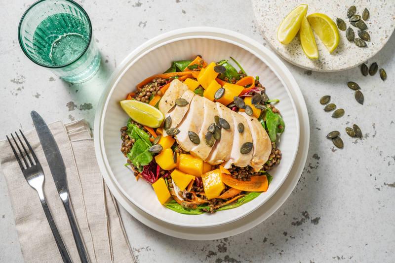 Salade de lentilles, mangue & poulet