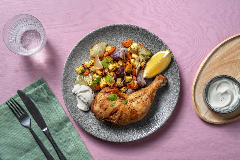 Cuisse de poulet rôtie, oignons & cerfeuil