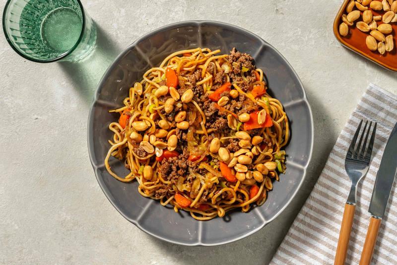 Wok de nouilles au haché végétal & légumes sautés