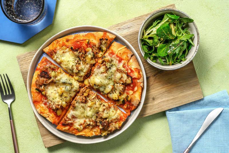 Pizza naan bœuf, courgette & cheddar