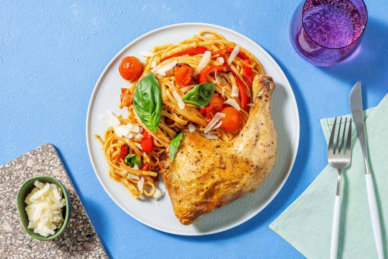 Cuisse de poulet & linguine pesto rosso