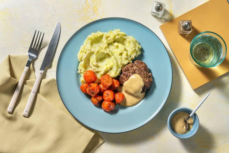 Steak haché, stoemp poireau & sauce moutarde