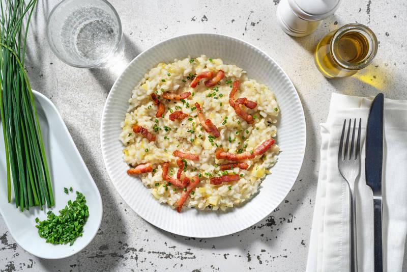 Risotto poireau, lardons fumés & parmesan AOP