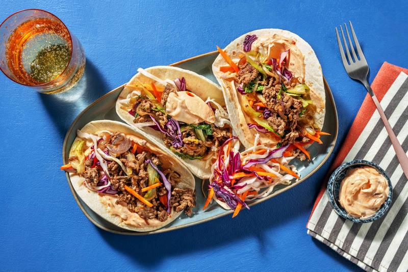 Tacos au blé complet de bœuf, chou & sauce fusion