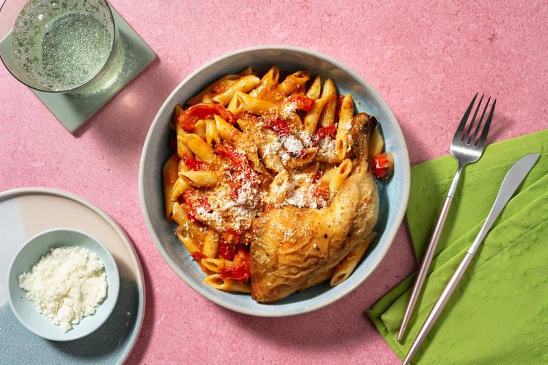 Cuisse de poulet rôtie & penne pesto rosso