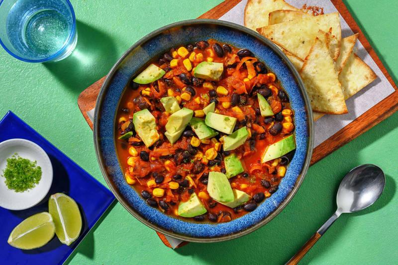 Taco soup mexicaine, haricots noirs & avocat