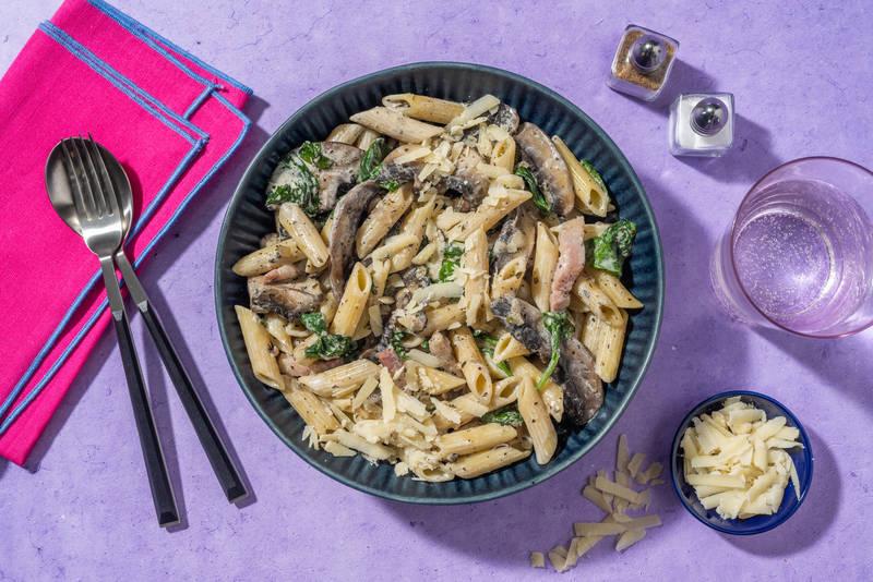 Penne crémeuses au poireau & portobello