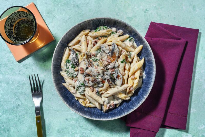 Penne crémeuses aux épinards & portobellos
