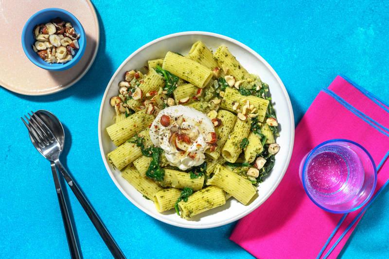 Rigatoni gourmands au pesto vert & burrata
