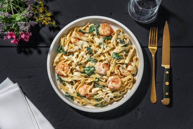 Linguine crevettes & épinards crémeuses