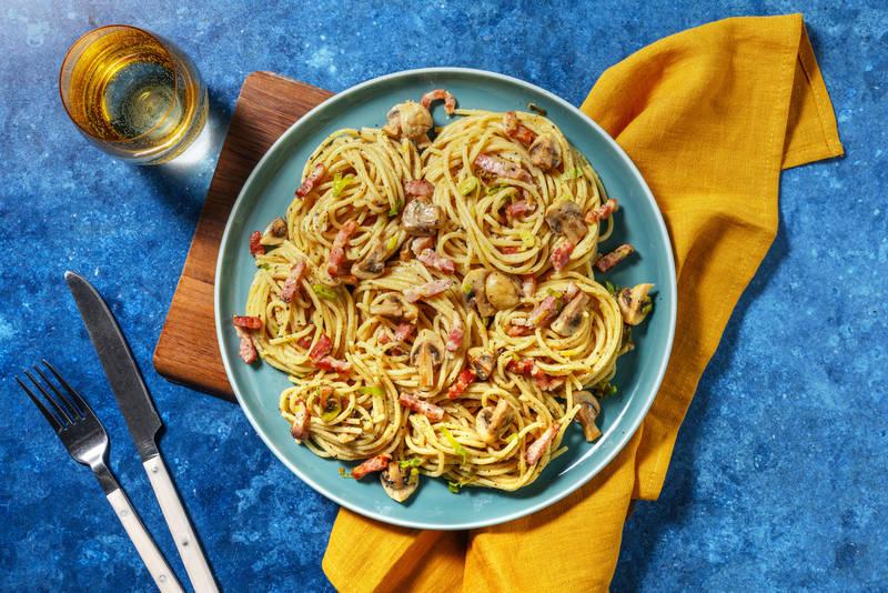 Nos incontournables spaghetti poireaux-lardons
