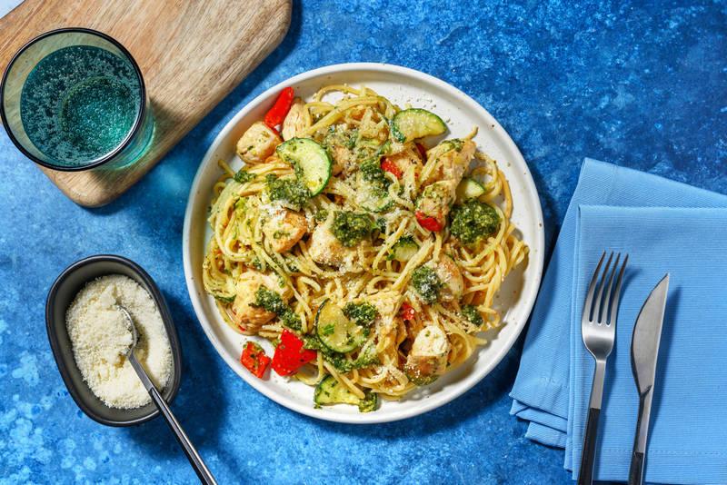 Spaghetti, dinde poêlée & légumes du soleil