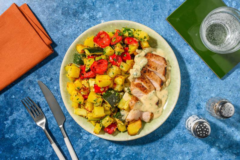 Carré de porc, légumes rôtis & sauce persillée