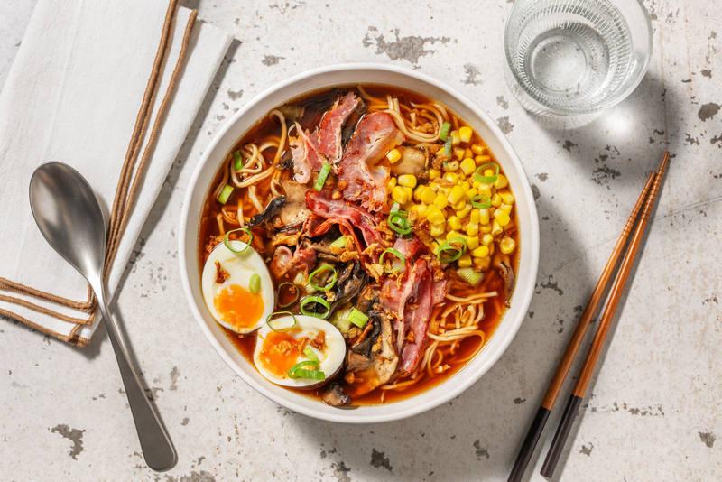 Miso ramen au porc, soja & portobello