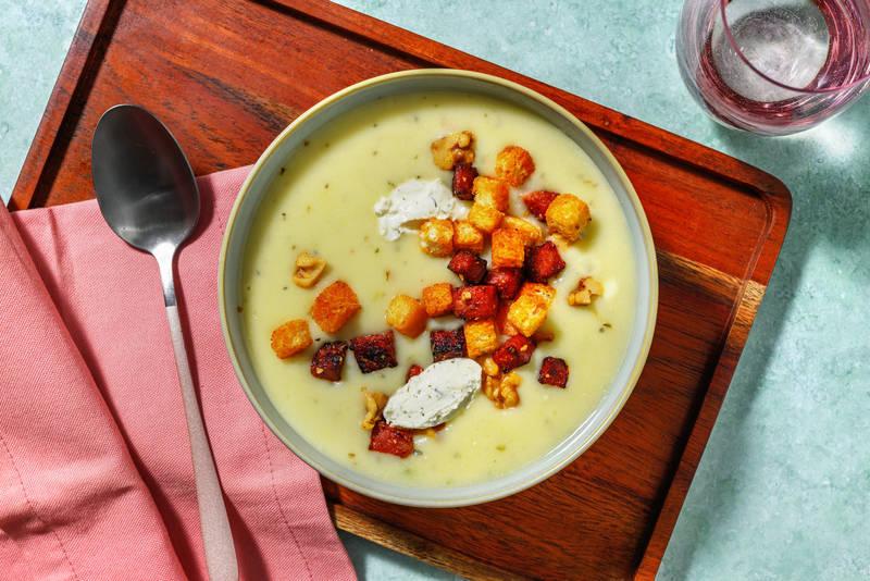 Soupe de poireaux & chorizo grillé