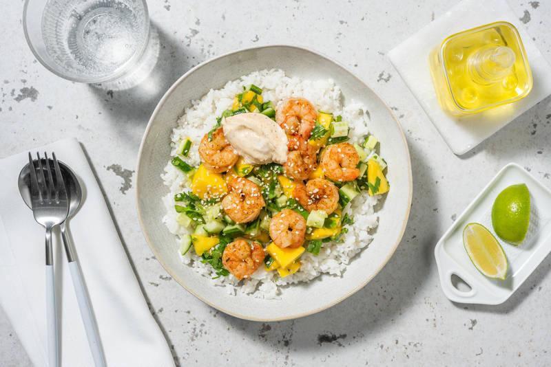 Spicy Bowl : crevettes dorées, citron & mangue
