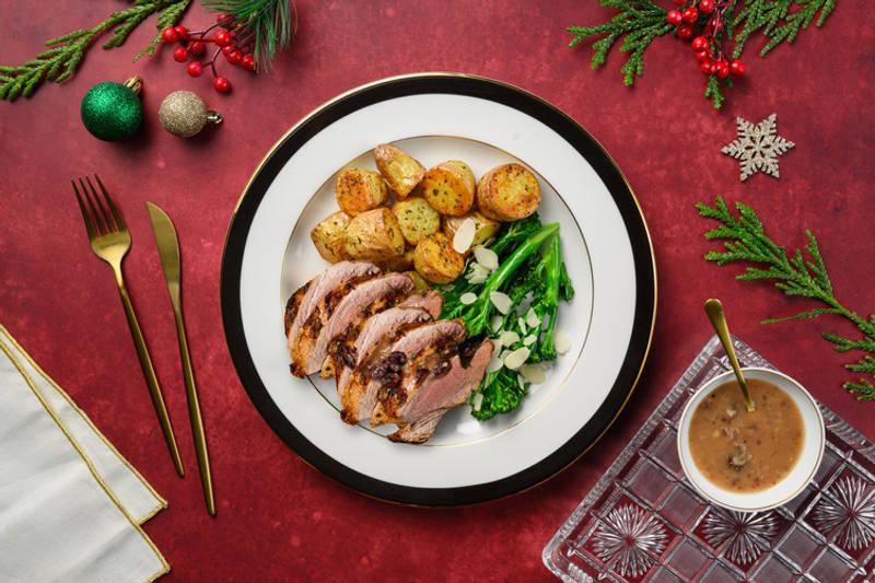 Dinde de Noël, gravy aux cranberries & amandes