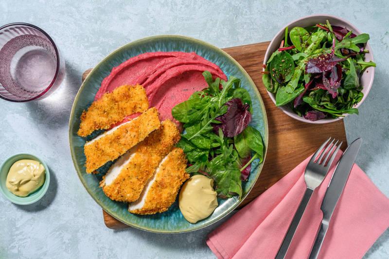 Escalope de poulet pané & purée de betterave