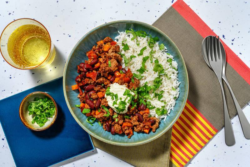 Chili au bœuf, haricots rouges & coriandre