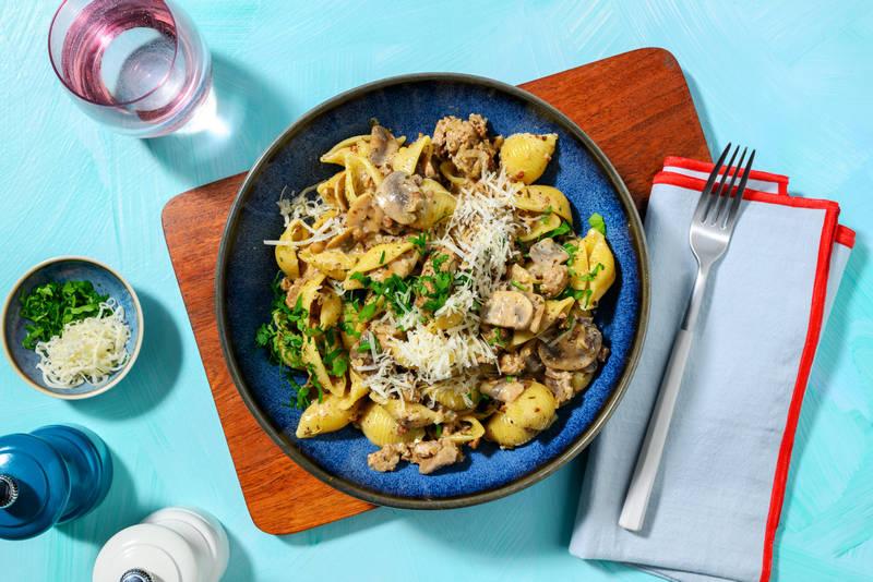 One Pot : conchiglie, saucisse & champis