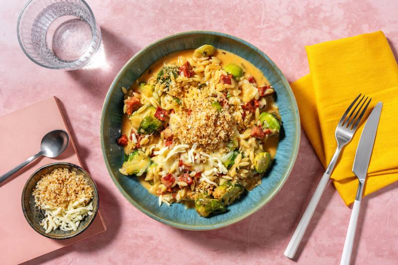 Orzo, chorizo & choux de Bruxelles