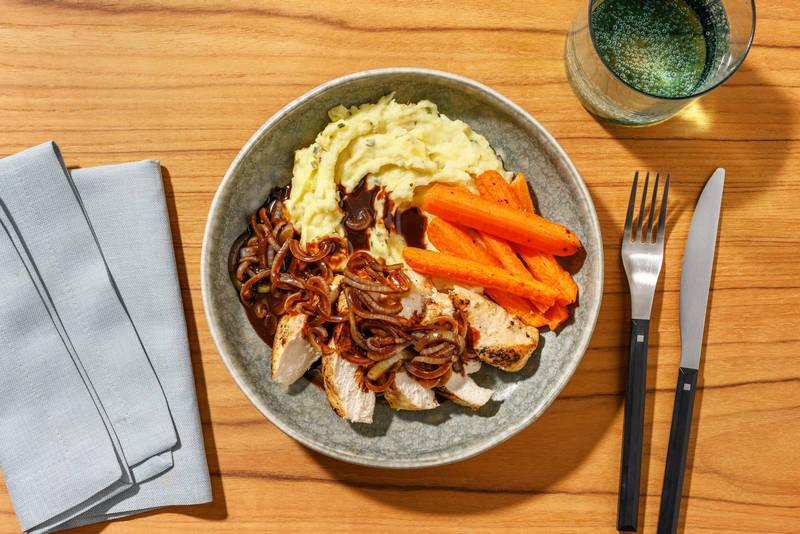 Poulet aux oignons & purée au céleri-rave